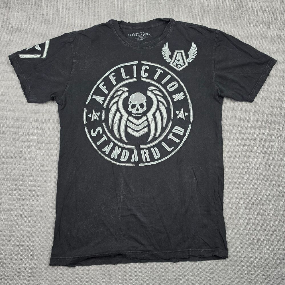 Affliction Shirt Mens Large Black Skull Wings Y2K Grunge Biker Graphic Tee USA